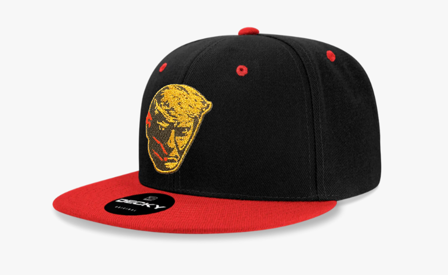 206. Trump Bloody Mugshot - embroidered metallic Gold patch on Black/Red Plaid Flat Bill Decky 1045 6 panel snapback