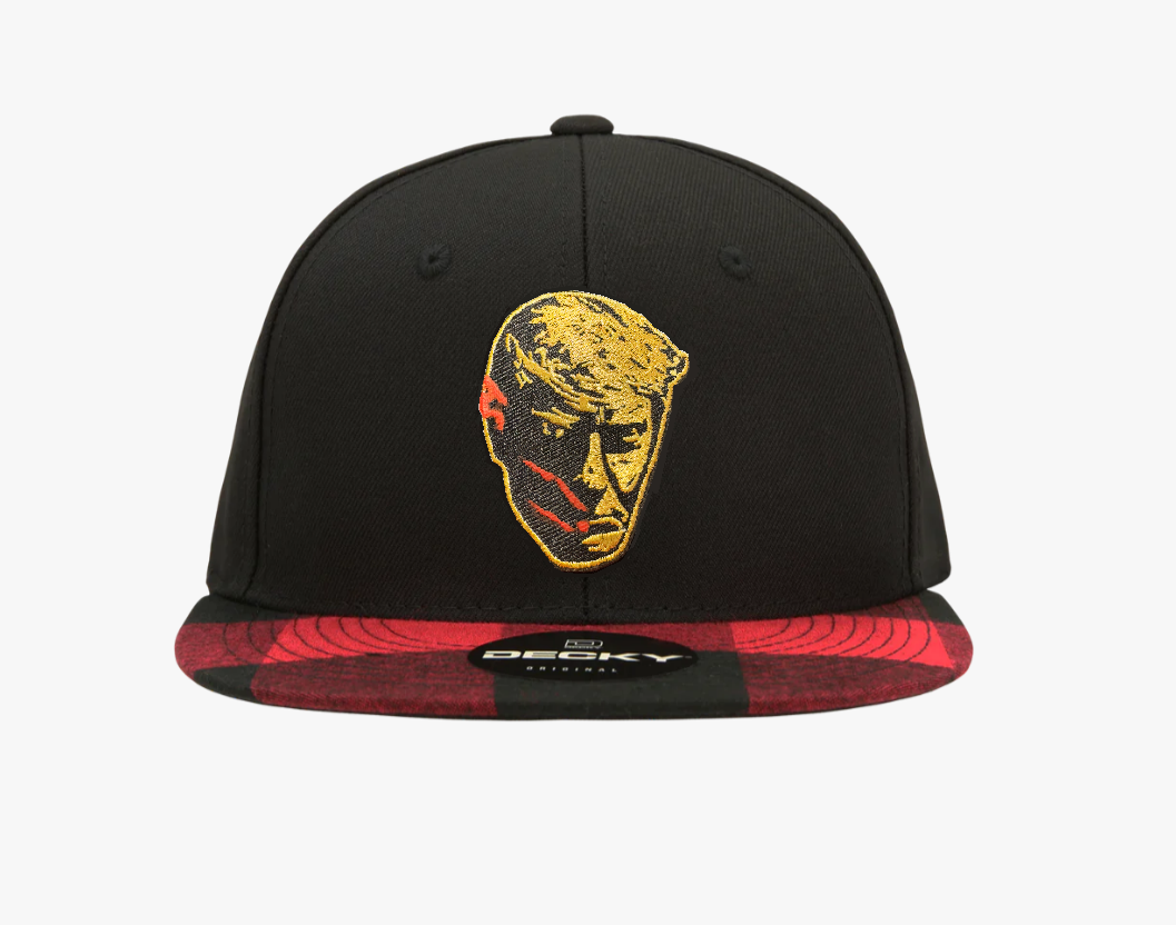 205. Trump Bloody Mugshot - embroidered metallic Gold patch on Black/Red Plaid Flat Bill Decky 1045 6 panel snapback