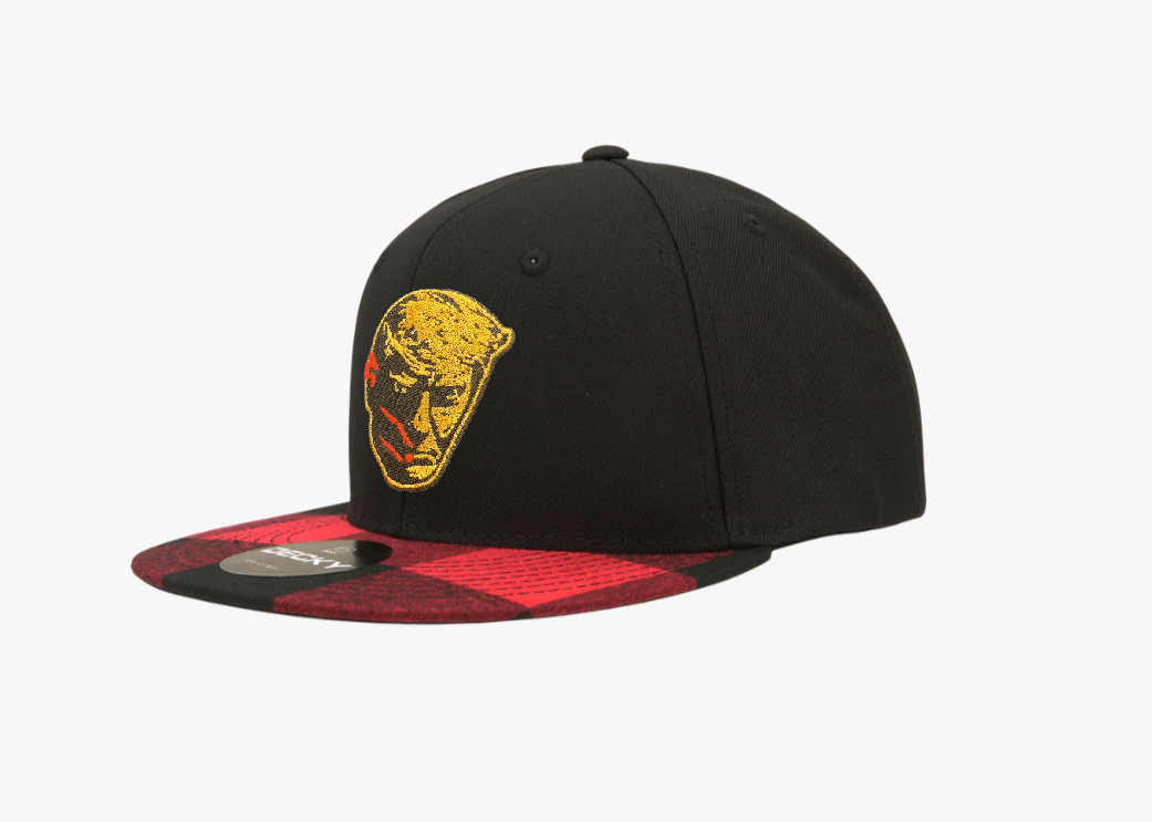 205. Trump Bloody Mugshot - embroidered metallic Gold patch on Black/Red Plaid Flat Bill Decky 1045 6 panel snapback