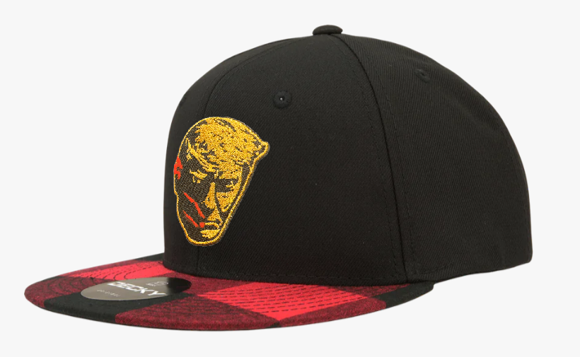 205. Trump Bloody Mugshot - embroidered metallic Gold patch on Black/Red Plaid Flat Bill Decky 1045 6 panel snapback