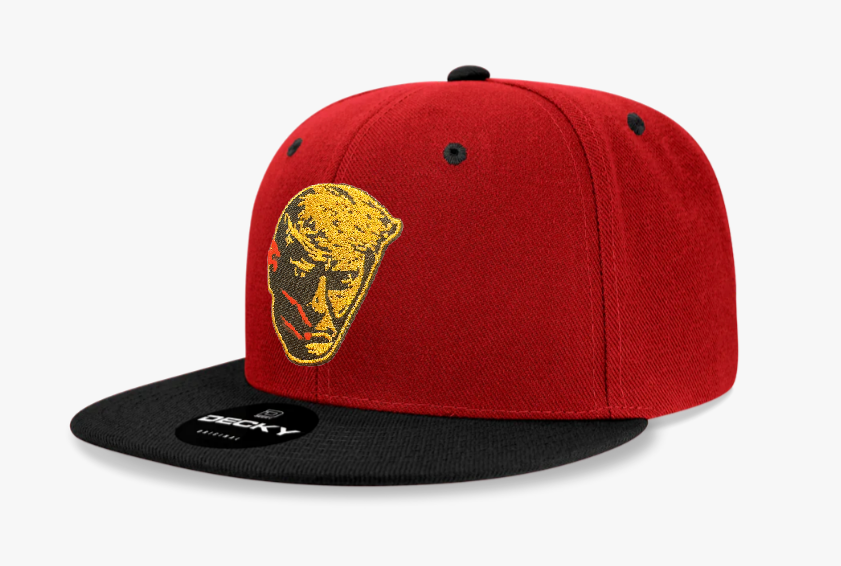 203. Trump Bloody Mugshot - embroidered metallic gold patch on Red/Black Decky 6 panel flat bill snapback