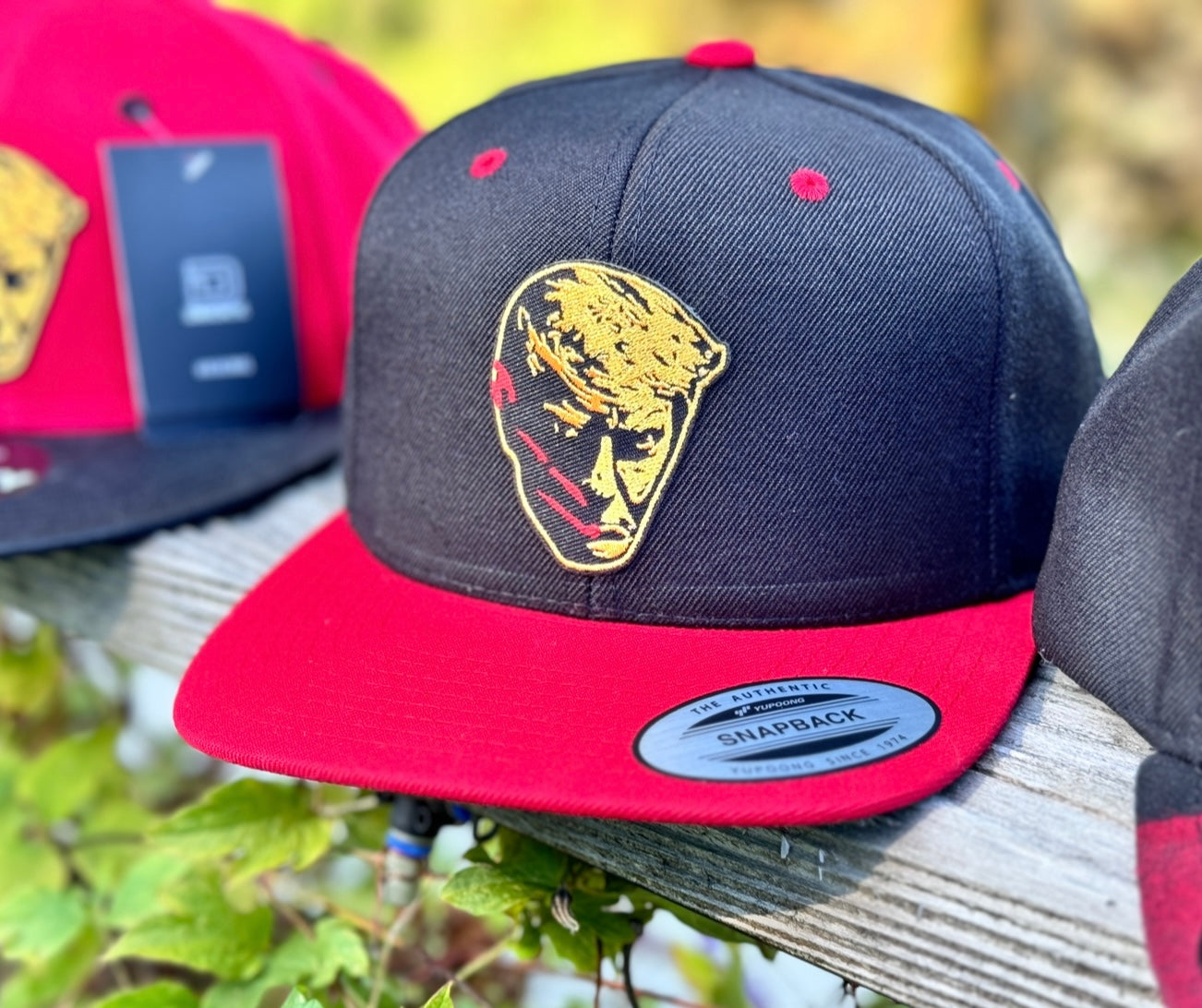 206. Trump Bloody Mugshot - embroidered metallic Gold patch on Black/Red Plaid Flat Bill Decky 1045 6 panel snapback